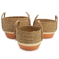 Cestas grandes de paja y pasto marino - Natural y naranja - Conjunto de 3