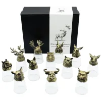 Conjunto de regalo de 12 vasos de chupito Bottom Up (25ml) - Bosque y Criaturas Místicas - Bronce Antiguo