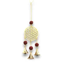 Campanas Indias - Flor de la Vida de Latón con Cuentas de Rudraksha - 3 Campanas - 6x27cm
