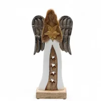 Gran estrella de madera de mango, alas de ángel metálicas y detalle esmaltado