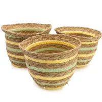 Cestas con forma de jarrón de hierba marina y paja - Amarillo natural y verde - Juego de 3