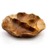 Frutero redondo liso de madera de teca de tres secciones - 30x5.5cm