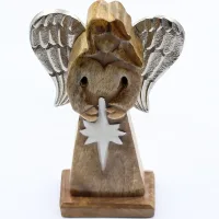 Gran Ángel de la Paz de Madera de Mango, Alas de Metal y Detalle de Esmalte