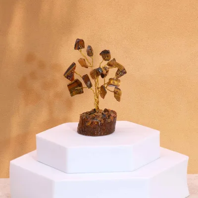 Mini árbol de piedras preciosas sobre base de madera - Ojo de tigre (15 piedras)