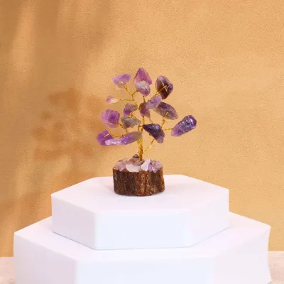Mini árbol de piedras preciosas sobre base de madera - Amatista (15 piedras)