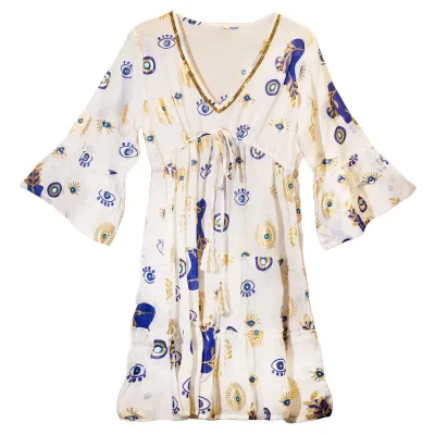 Vestido Nomad Sari Ojo Maligno – Blanco, Azul y Oro – Talla M/L