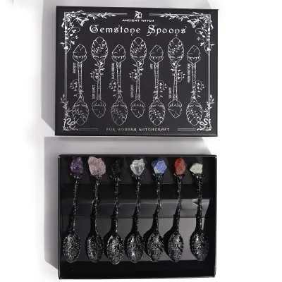 Juego de 7 Cucharas de Bruja de Cristal de Piedra Preciosa de Plata Oscura