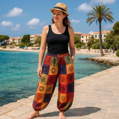 Sari Nómada - Pantalón Hongo - Diseños con Estampado en Bloque - Tonos Naranjas (105x127cm) S/M