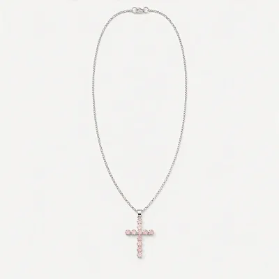 Colgante devocional de la India - Chapado en plata (cadena de 45 cm) - Crucifijo de cuarzo rosa