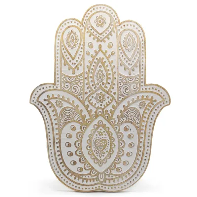 Placa de pared Mano de Hamsa en madera de Mango - Blanco