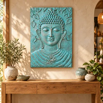 Gran Buda Marco de cemento fibrótico Turquesa Relieve - 0.7x1m