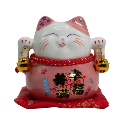 Hucha de cerámica en forma de gato de la suerte - rosa sobre cojín