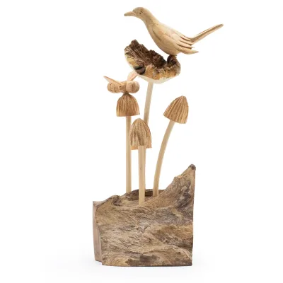 Talla de arte en madera parásita hecha a mano - Pájaro y abeja sobre hongos