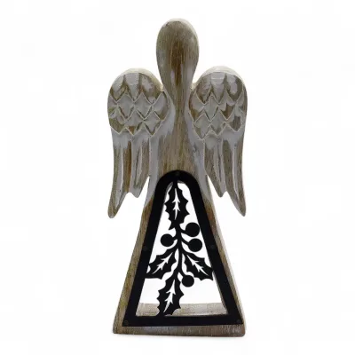 Ángel de madera de mango - acabado lavado blanco con recorte decorativo de hierro