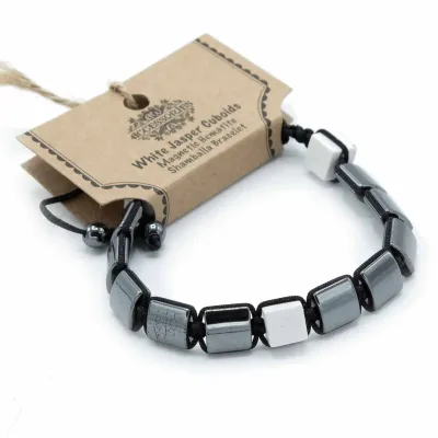 Pulsera Magnética Shamballa de Hematita -  Cuboides Jaspe Blanco