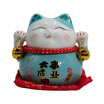 Hucha de cerámica en forma de gato - Azul sobre cojín