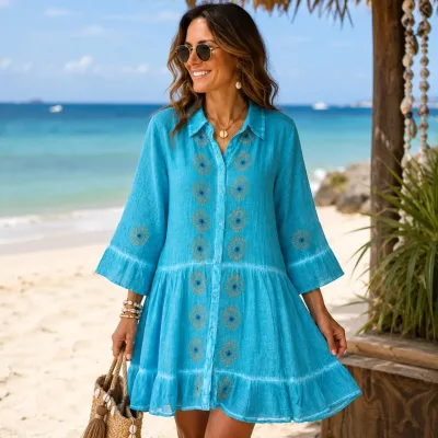 Nomad Sari en la Colección Med - vestido tipo túnica - turquesa con estampado en bloque del ojo turco (M-L)