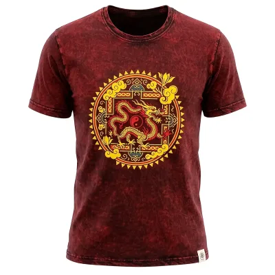 Nomad Sari Camiseta de algodón lavado a piedra - Mandala de Dragón - Granate - XL