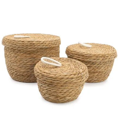 Cestas redondas de hierba marina y algodón con tapas - Natural - Juego de 3