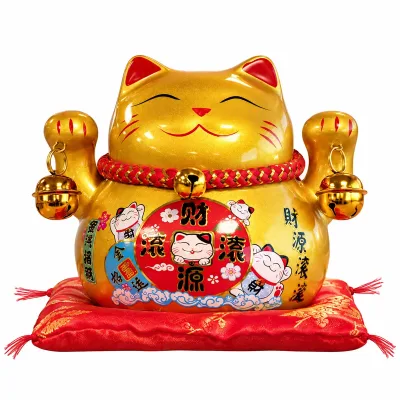 Hucha de cerámica con Gato de la Suerte - Dorado sobre cojín