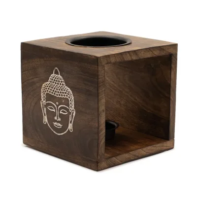 Gran quemador de aceite de madera de mango cuadrado - Cara de Buda