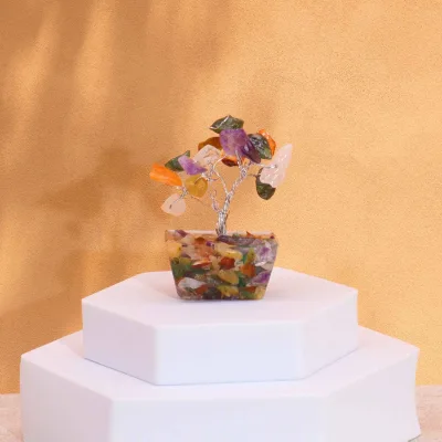 Mini árbol de piedras preciosas sobre base de orgonita - Piedras múltiples (15 piedras)