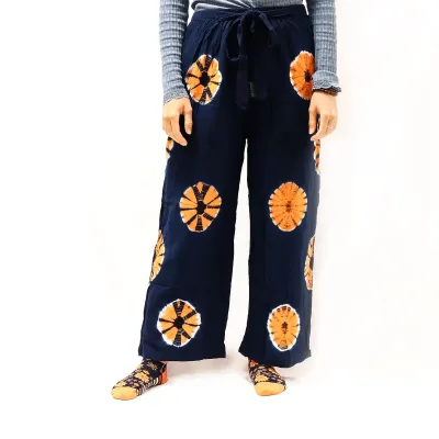 Pantalones de estilo japonés para estar en casa - Azul y naranja L