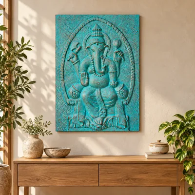 Gran Ganpati Marco de cemento fibrótico Turquesa Relieve - 0.7x1m