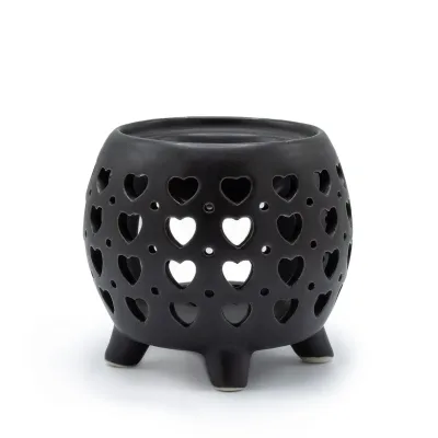 Quemador de Aceite Tipo Maceta Corazones Múltiples - Negro Mate