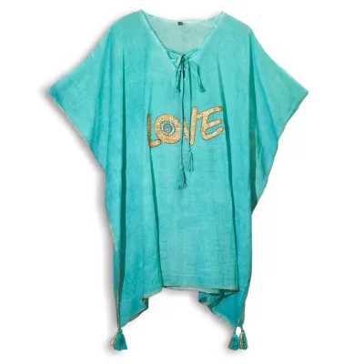 Colección Nómada Sari Mediterráneo - Kaftan - Diseño de Corazón en Turquesa y Oro
