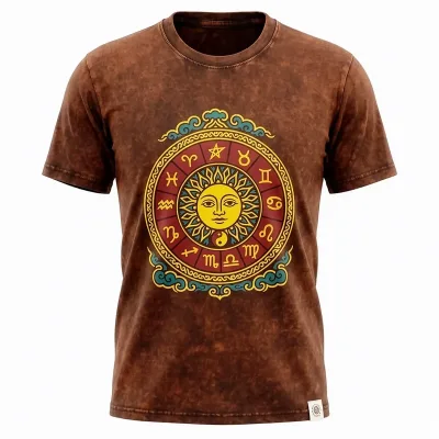 Nomad Sari Camiseta de algodón lavado a piedra - Sol y Zodíaco - Marrón - XL