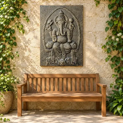 Gran Ganpati Marco de cemento fibrótico Antiguo Oro Relieve- 0.7x1m