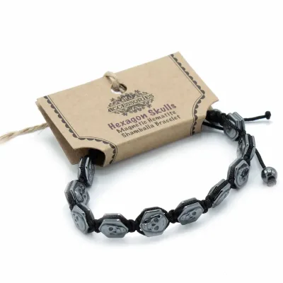 Pulsera Magnética Shamballa de Hematita  -  Calaveras Hexagonales