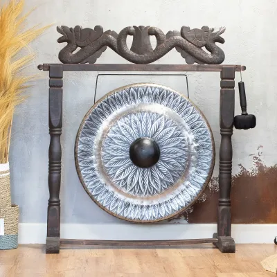 Gong de meditación grande sobre soporte marrón antiguo - 80cm - Negro - Estándar