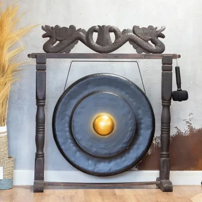 Gran Gong de Meditación en Soporte Marrón Antiguo - 80cm - Negro