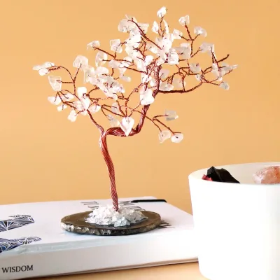 Árbol de piedras preciosas grande: Cuarzo de roca sobre base de ágata negra (100 piedras)