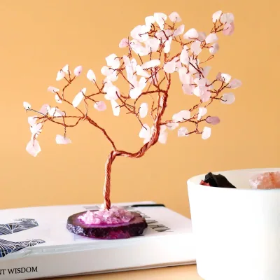 Árbol de piedras preciosas grande: Cuarzo rosa sobre base de ágata rosa (100 piedras)