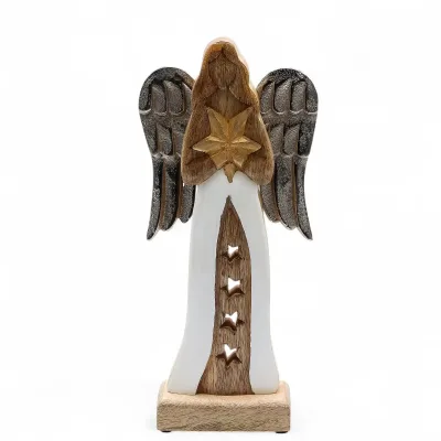 Gran estrella de madera de mango, alas de ángel metálicas y detalle esmaltado
