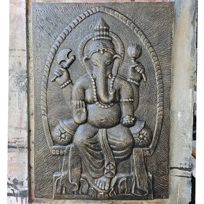 Gran Ganpati Marco de cemento fibrótico Antiguo Oro Relieve- 0.7x1m