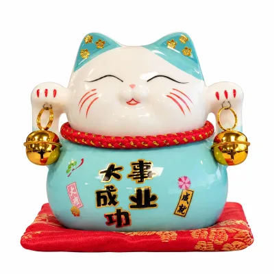 Hucha de cerámica en forma de gato - Azul sobre cojín