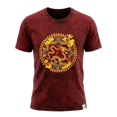 Nomad Sari Camiseta de algodón lavado a piedra - Mandala de Dragón - Granate - Mediano