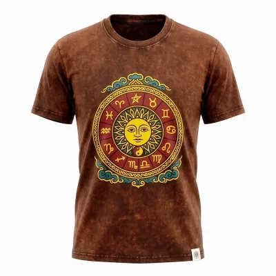 Nomad Sari Camiseta de Algodón Lavado a Piedra - Sol y Zodíaco - Marrón - Grande