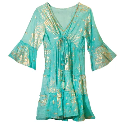 (LXL) Colección Nomad Sari - Vestido - Diseño en turquesa y coral dorado