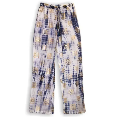 (ML) Colección Nómada Sari Mediterráneo - Pantalones - Motivo Griego en Oro y Azul