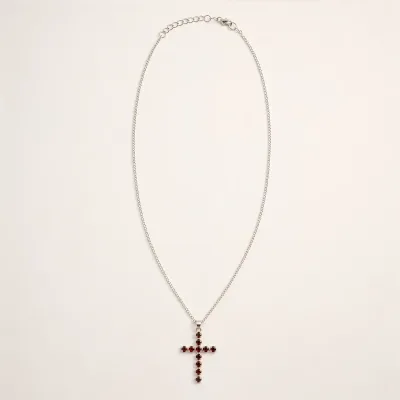 Colgante devocional de la India - bañado en plata (cadena de 45 cm) - crucifijo de granate