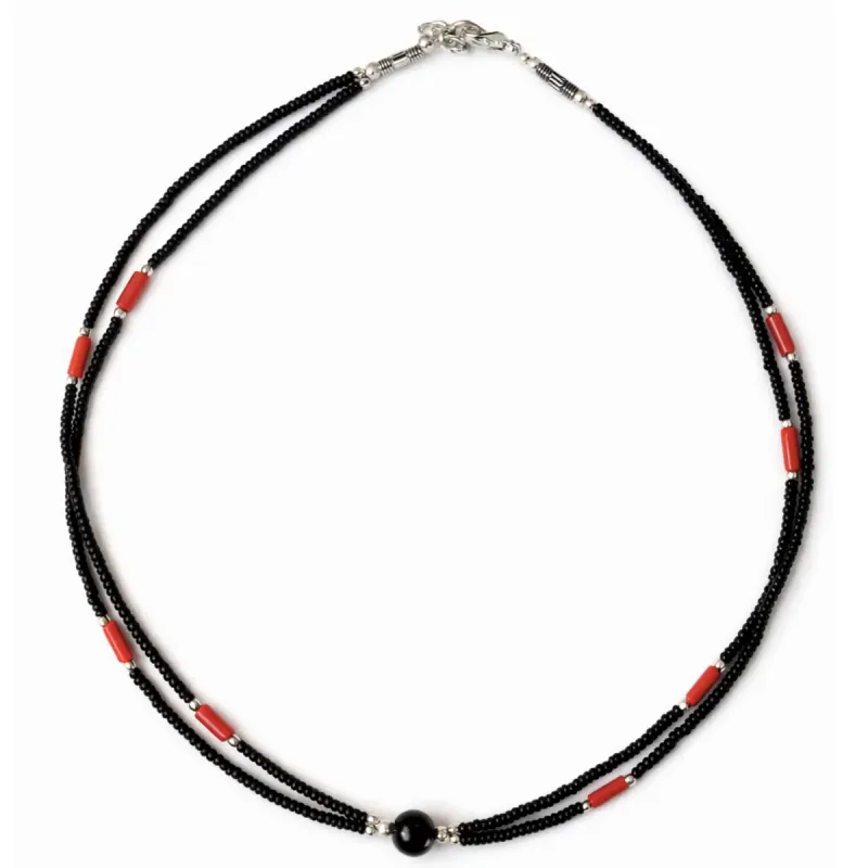 Collar nepalí extrafino de dos líneas - Colgante negro y coral