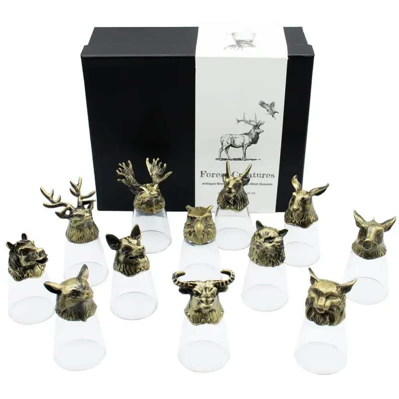 Conjunto de regalo de 12 vasos de chupito Bottom Up (25ml) - Bosque y Criaturas Místicas - Bronce Antiguo