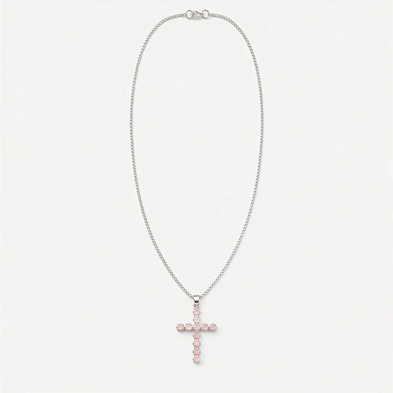 Colgante devocional de la India - Chapado en plata (cadena de 45 cm) - Crucifijo de cuarzo rosa
