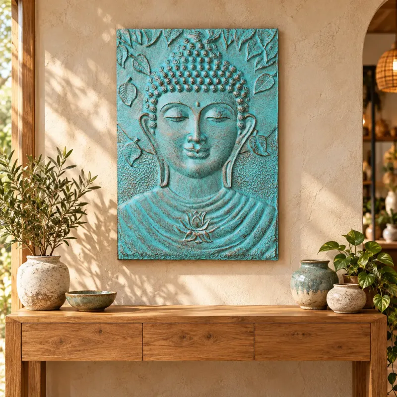 Gran Buda Marco de cemento fibrótico Turquesa Relieve - 0.7x1m