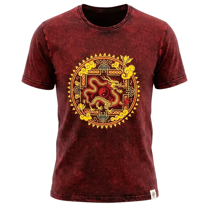 Nomad Sari Camiseta de algodón lavado a piedra - Mandala de Dragón - Granate - XL